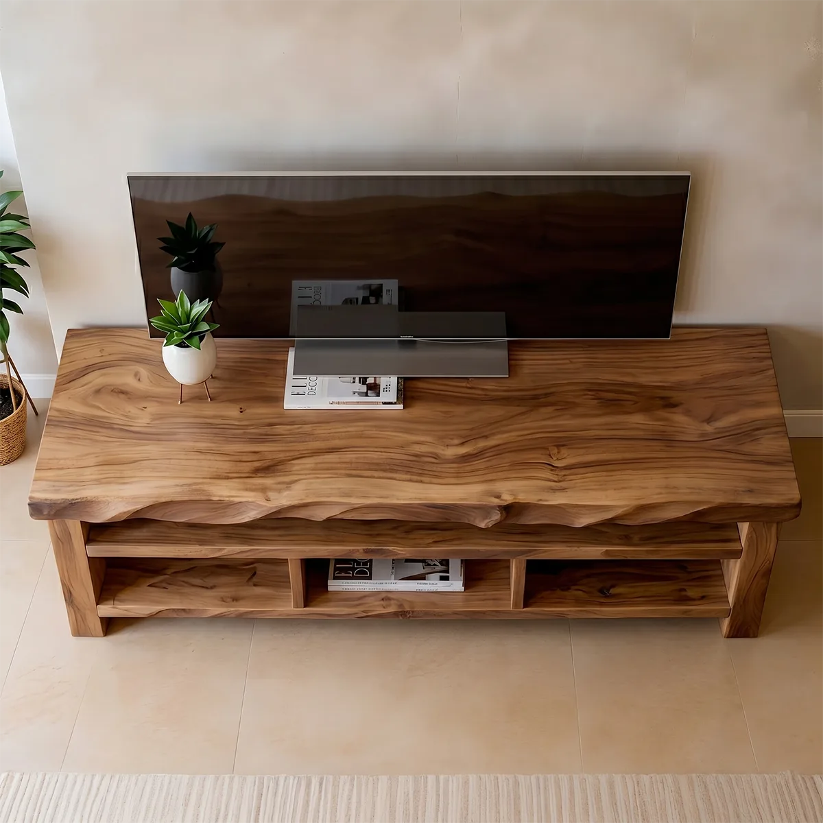Modern Solid Wood Open TV Stand with Wavy Carved Edge