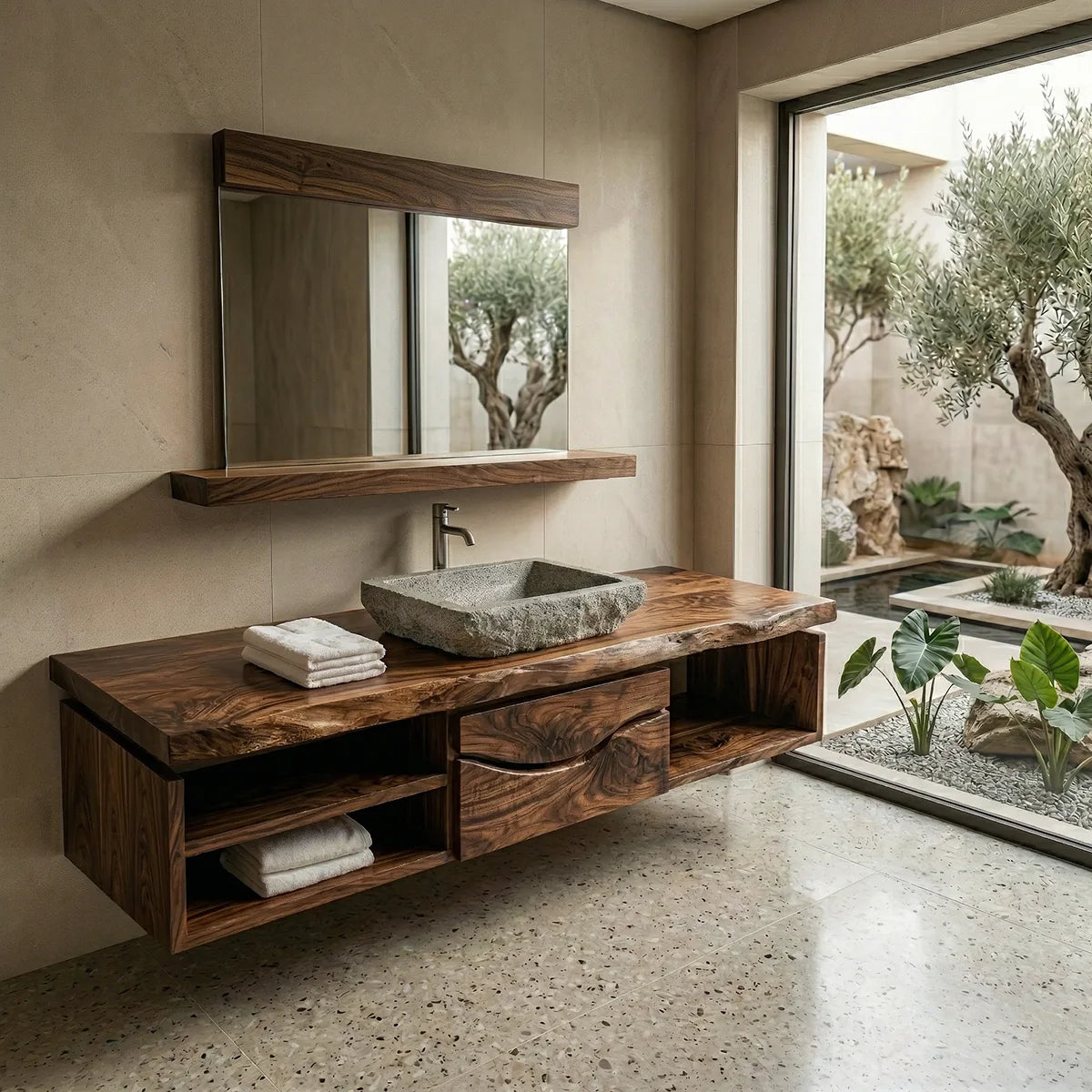 Floating Solid Wood Bathroom Vanity with Live Edge Top, Center Drawers and Open Shelves