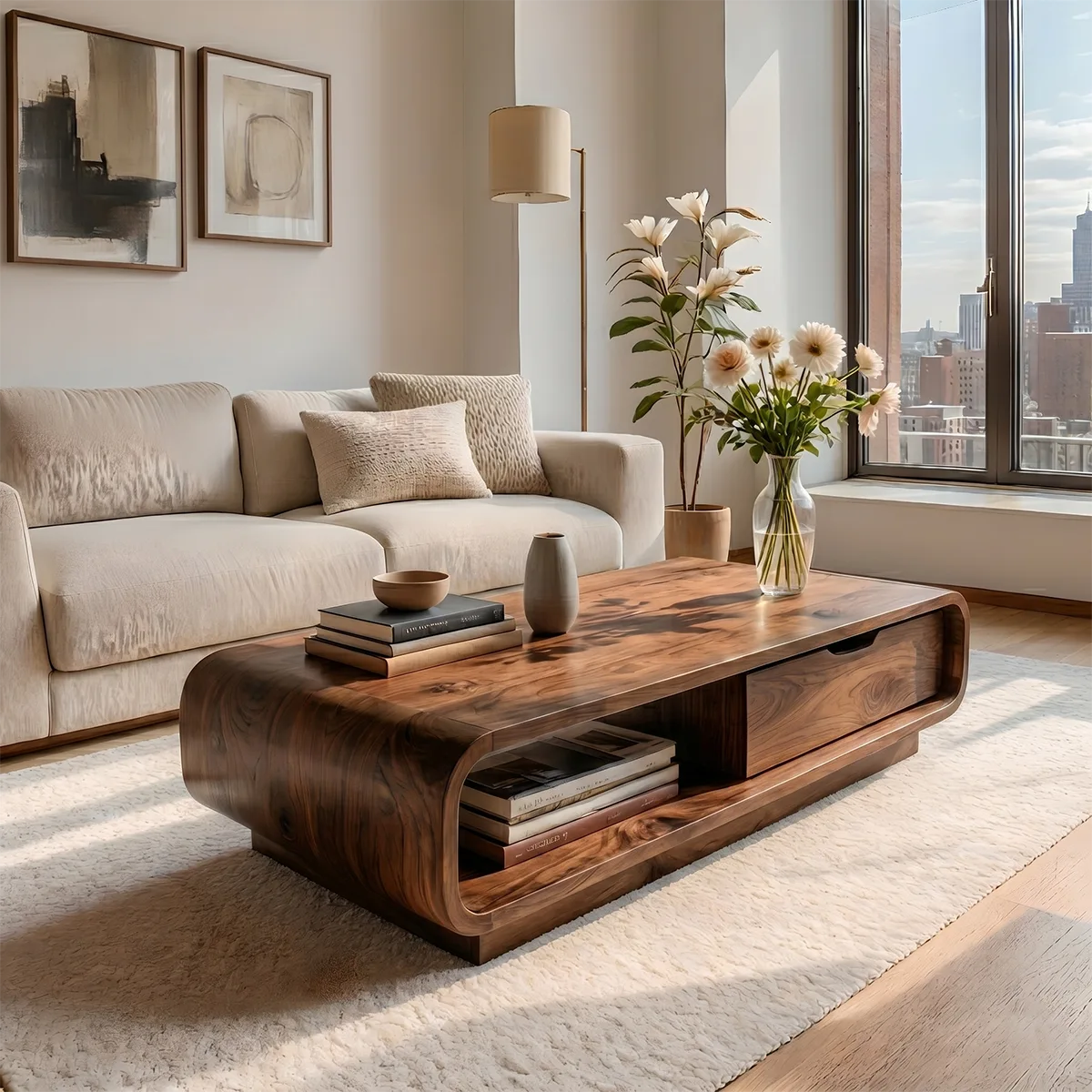 Modern Solid Wood Curved Coffee Table with Storage Drawer and Shelf
