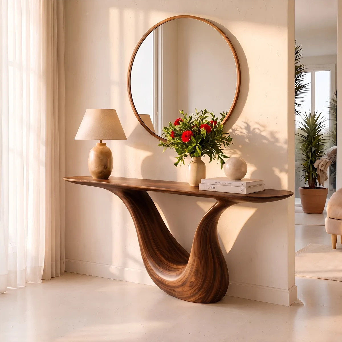 Modern Organic Console Table with Sculptural Solid Wood Base | Luxury Entryway Hall Console TT006-9584