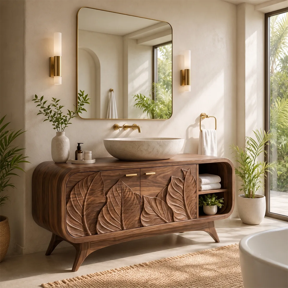 Botanical Leaf Relief Single Sink Bathroom Vanity Cabinet TT006-4332