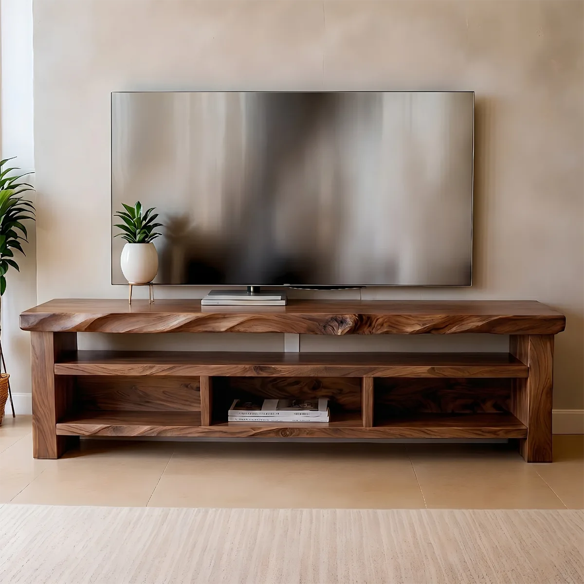 Modern Solid Wood Open TV Stand with Wavy Carved Edge
