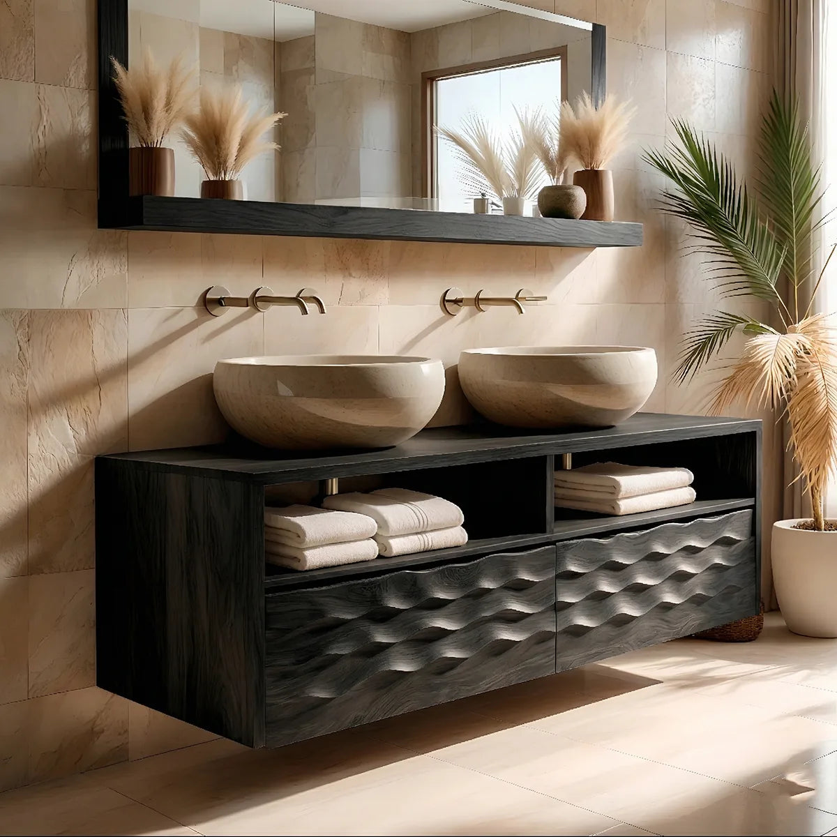 Solid Wood Bathroom Vanity with Sculpted Wave Drawers and Open Upper Shelves