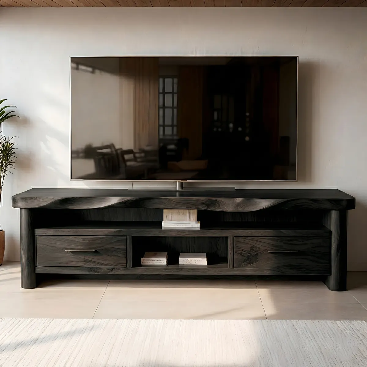 Modern Solid Wood TV Stand with Wavy Carved Top and Storage