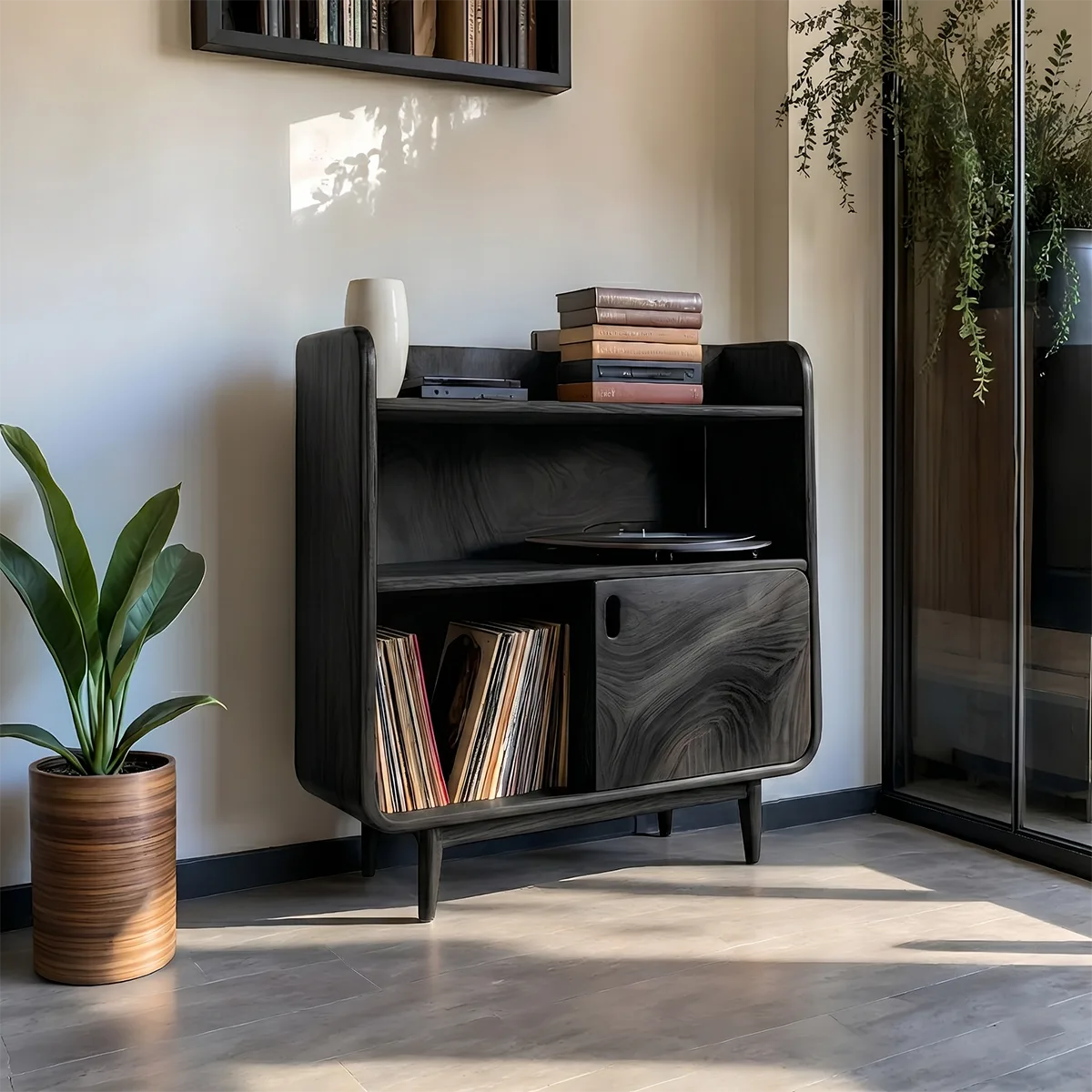 Mid-Century Sculptural Solid Wood Record Player Stand for Living Room