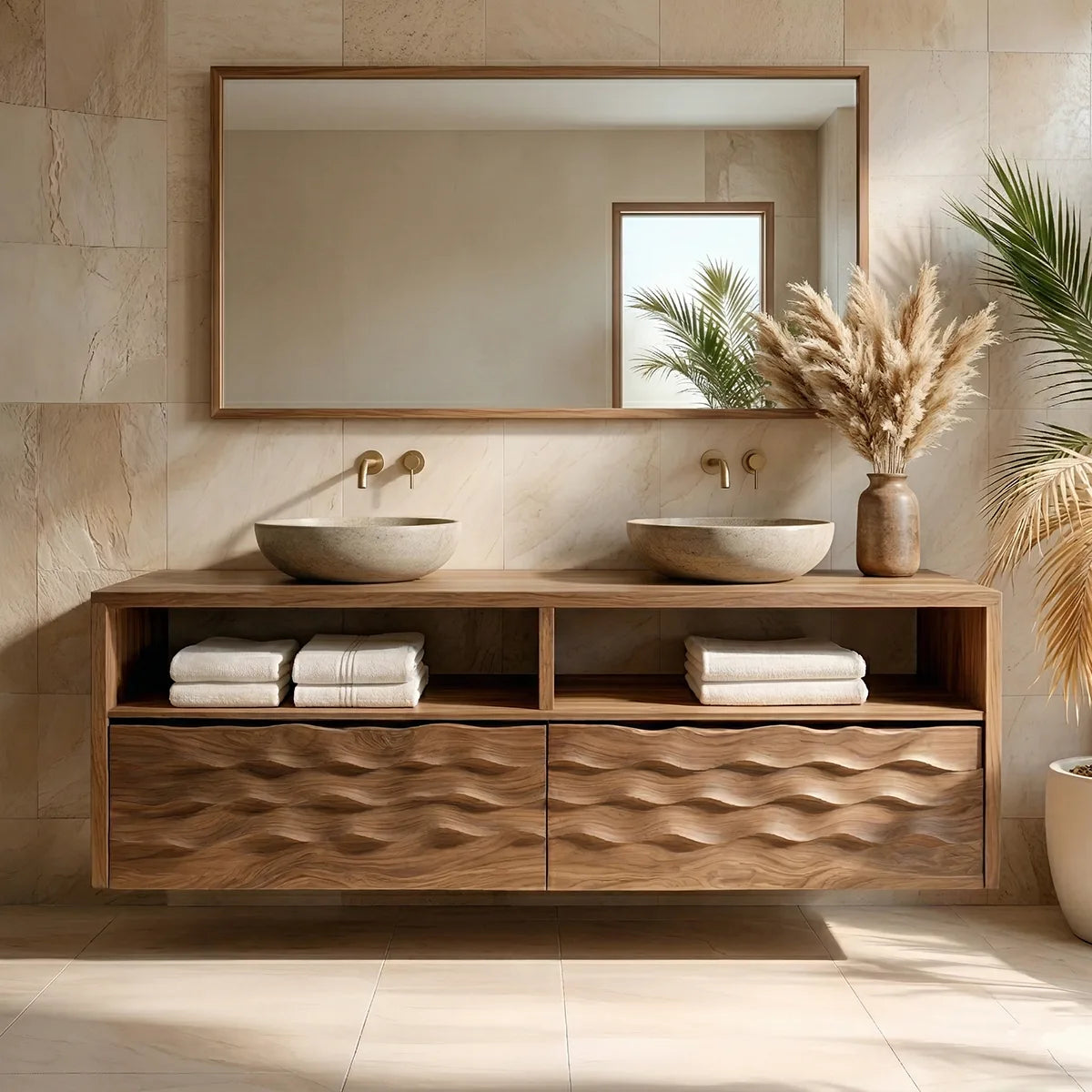 Solid Wood Bathroom Vanity with Sculpted Wave Drawers and Open Upper Shelves