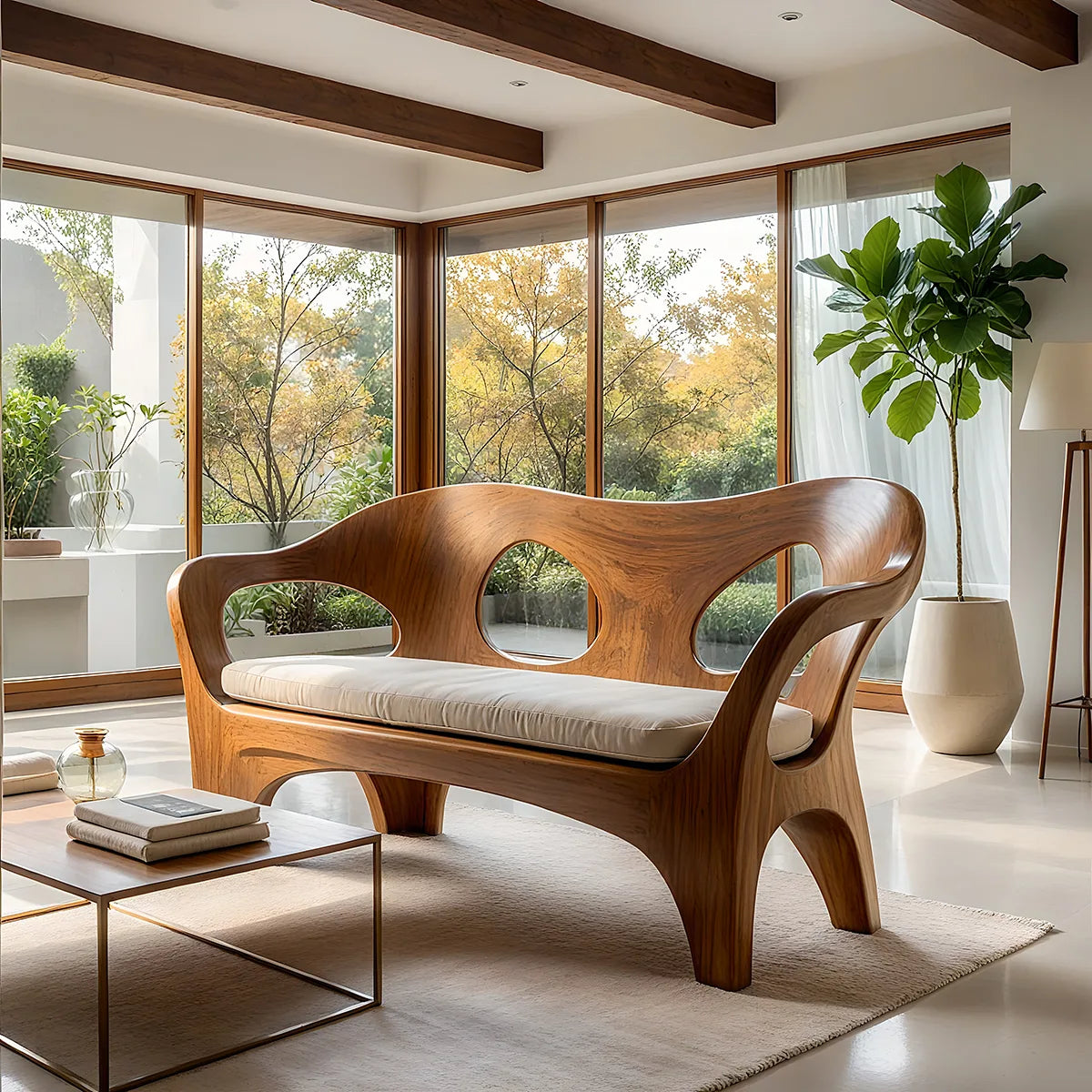 Luxury Organic Wooden Sofa with Sculptural Open-Frame Curves