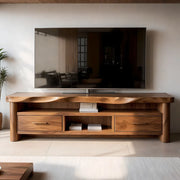 Modern Solid Wood TV Stand with Wavy Carved Top and Storage