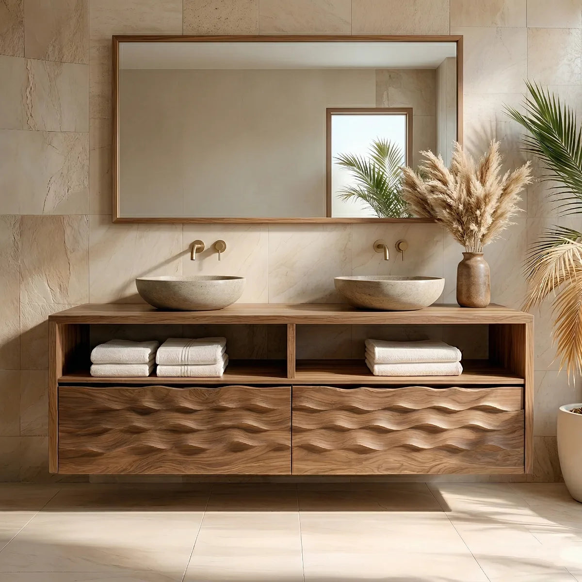 Solid Wood Bathroom Vanity with Sculpted Wave Drawers and Open Upper Shelves
