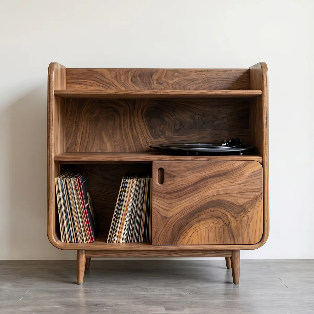 Mid-Century Sculptural Solid Wood Record Player Stand for Living Room