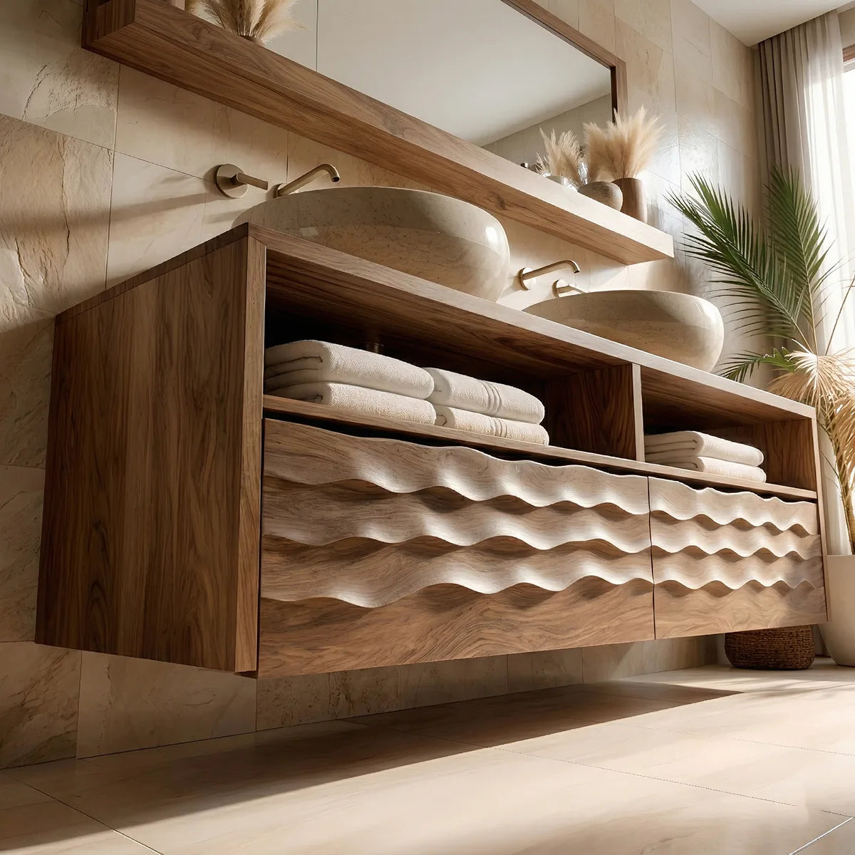 Solid Wood Bathroom Vanity with Sculpted Wave Drawers and Open Upper Shelves
