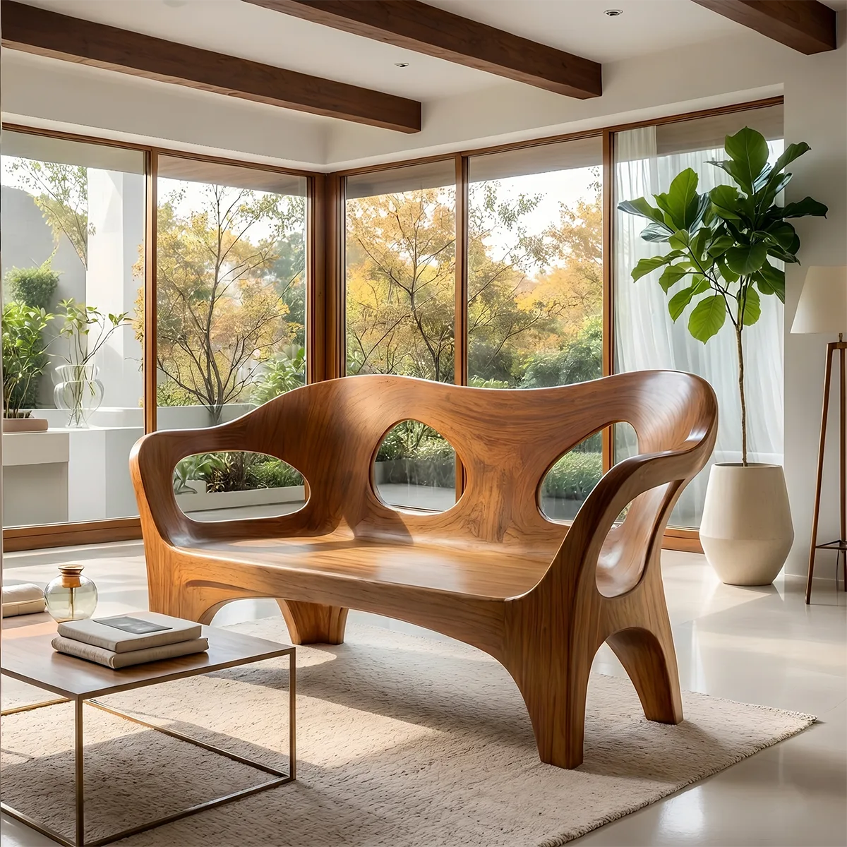 Luxury Organic Wooden Sofa with Sculptural Open-Frame Curves