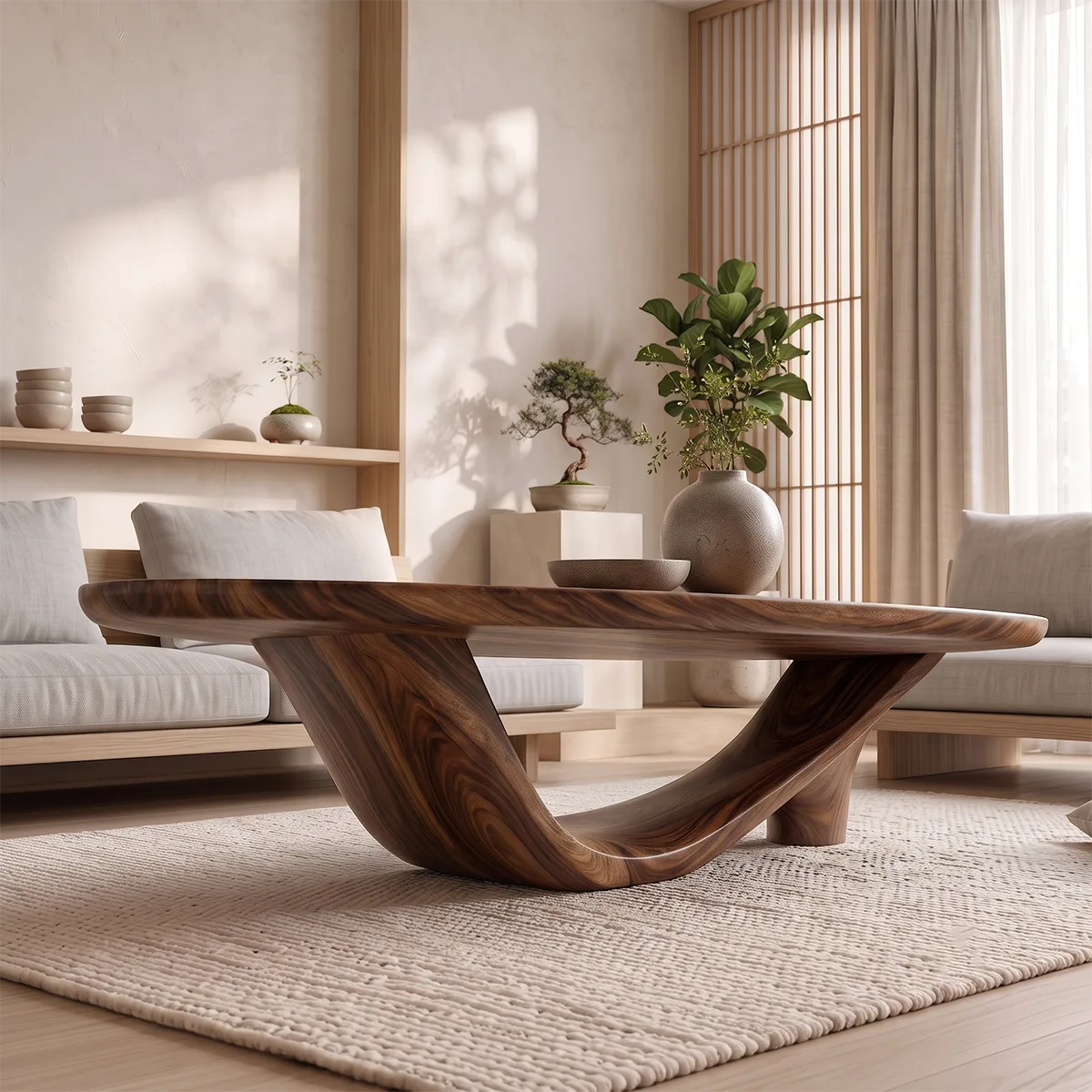 Organic Oval Coffee Table | Sculptural Solid Wood Low Profile Center Table TT006-4918