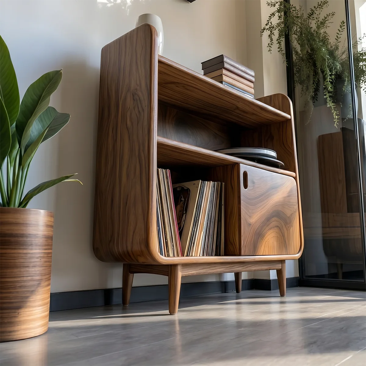 Mid-Century Sculptural Solid Wood Record Player Stand for Living Room