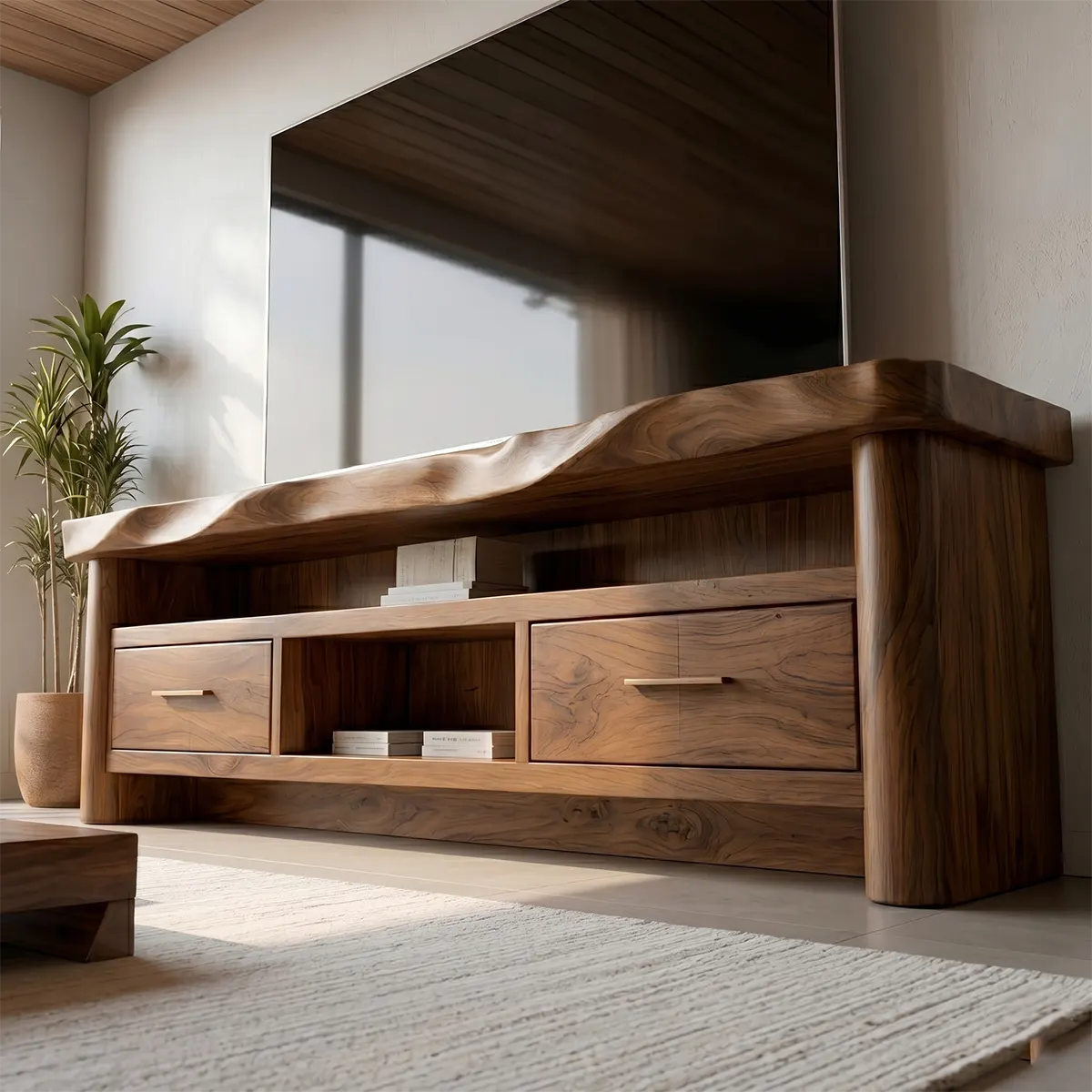 Modern Solid Wood TV Stand with Wavy Carved Top and Storage