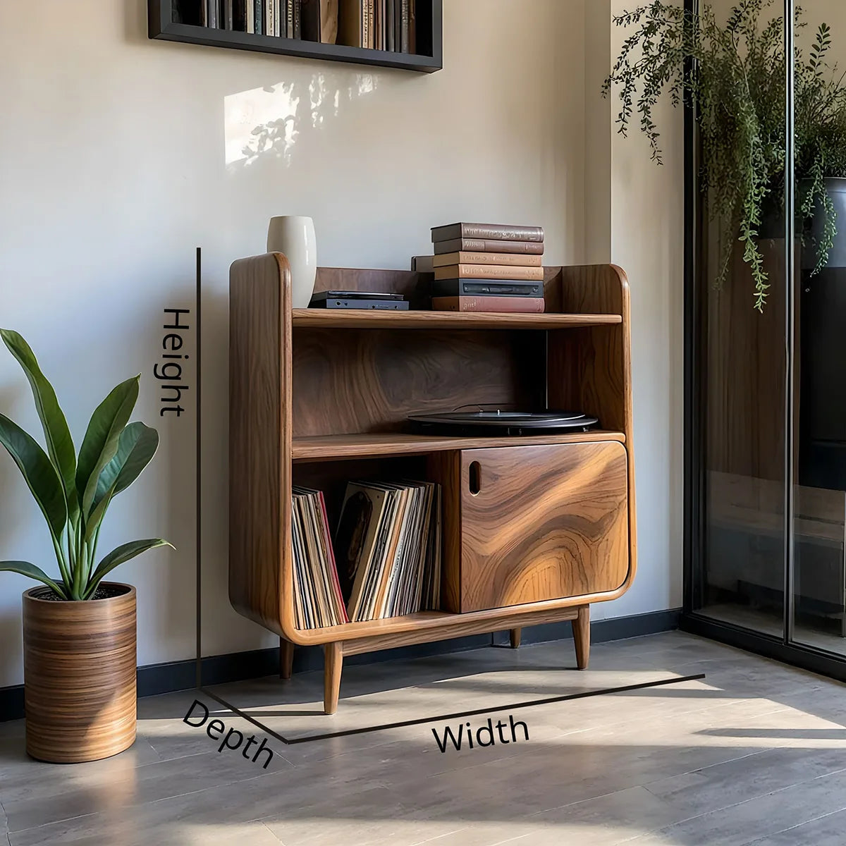Mid-Century Sculptural Solid Wood Record Player Stand for Living Room