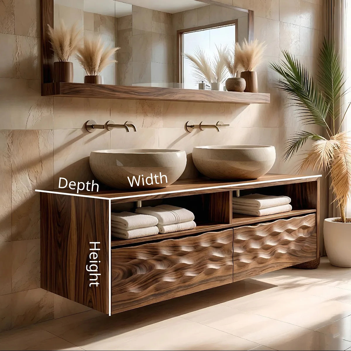 Solid Wood Bathroom Vanity with Sculpted Wave Drawers and Open Upper Shelves