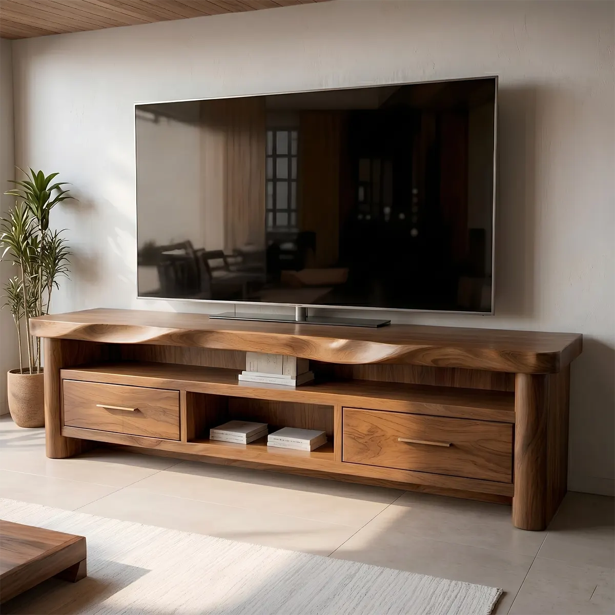 Modern Solid Wood TV Stand with Wavy Carved Top and Storage