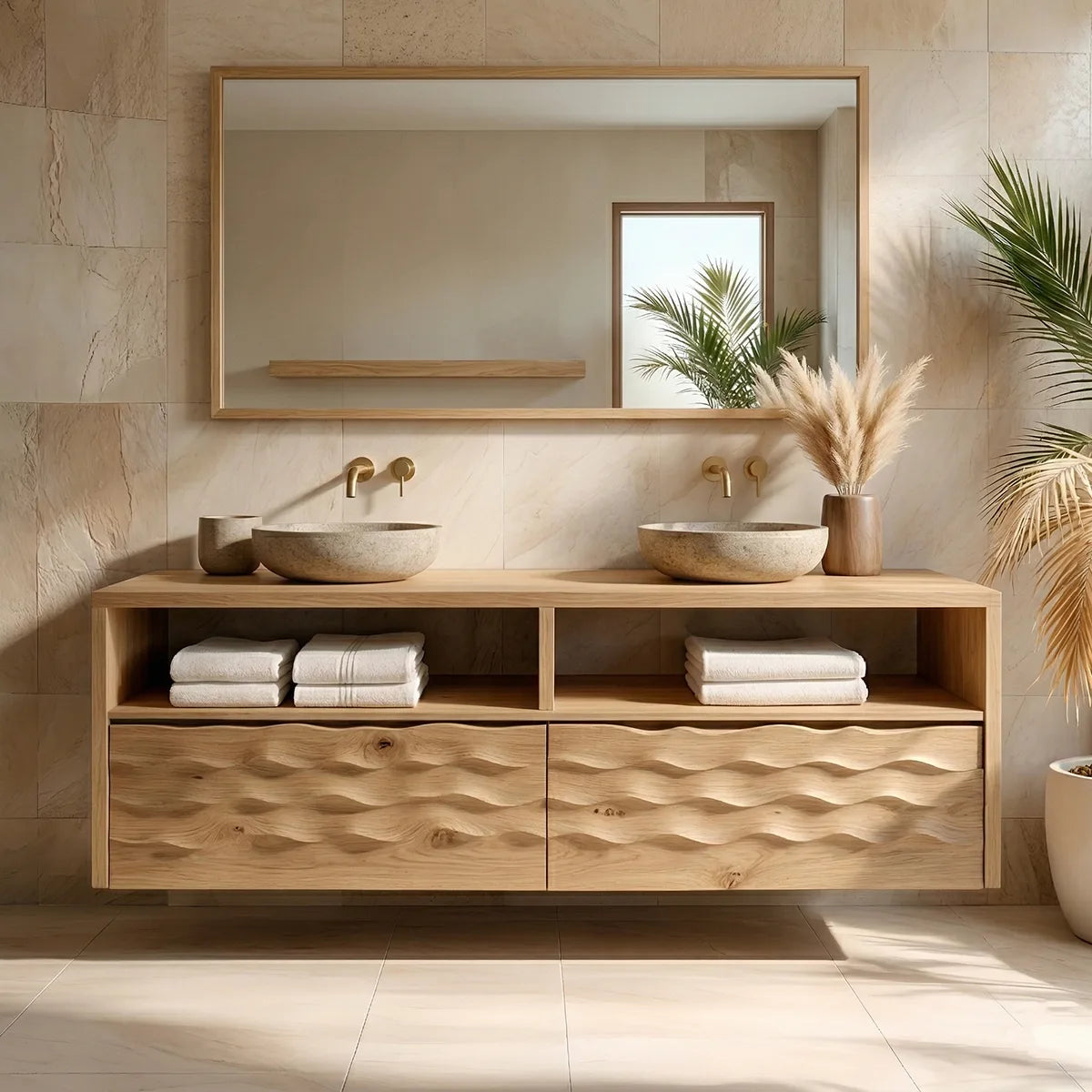 Solid Wood Bathroom Vanity with Sculpted Wave Drawers and Open Upper Shelves