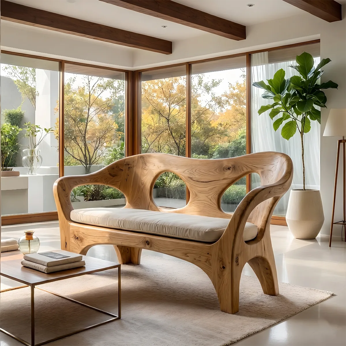 Luxury Organic Wooden Sofa with Sculptural Open-Frame Curves