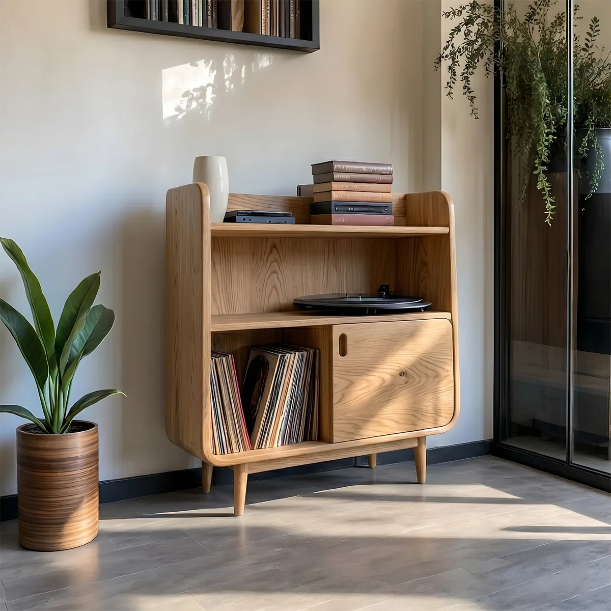 Mid-Century Sculptural Solid Wood Record Player Stand for Living Room