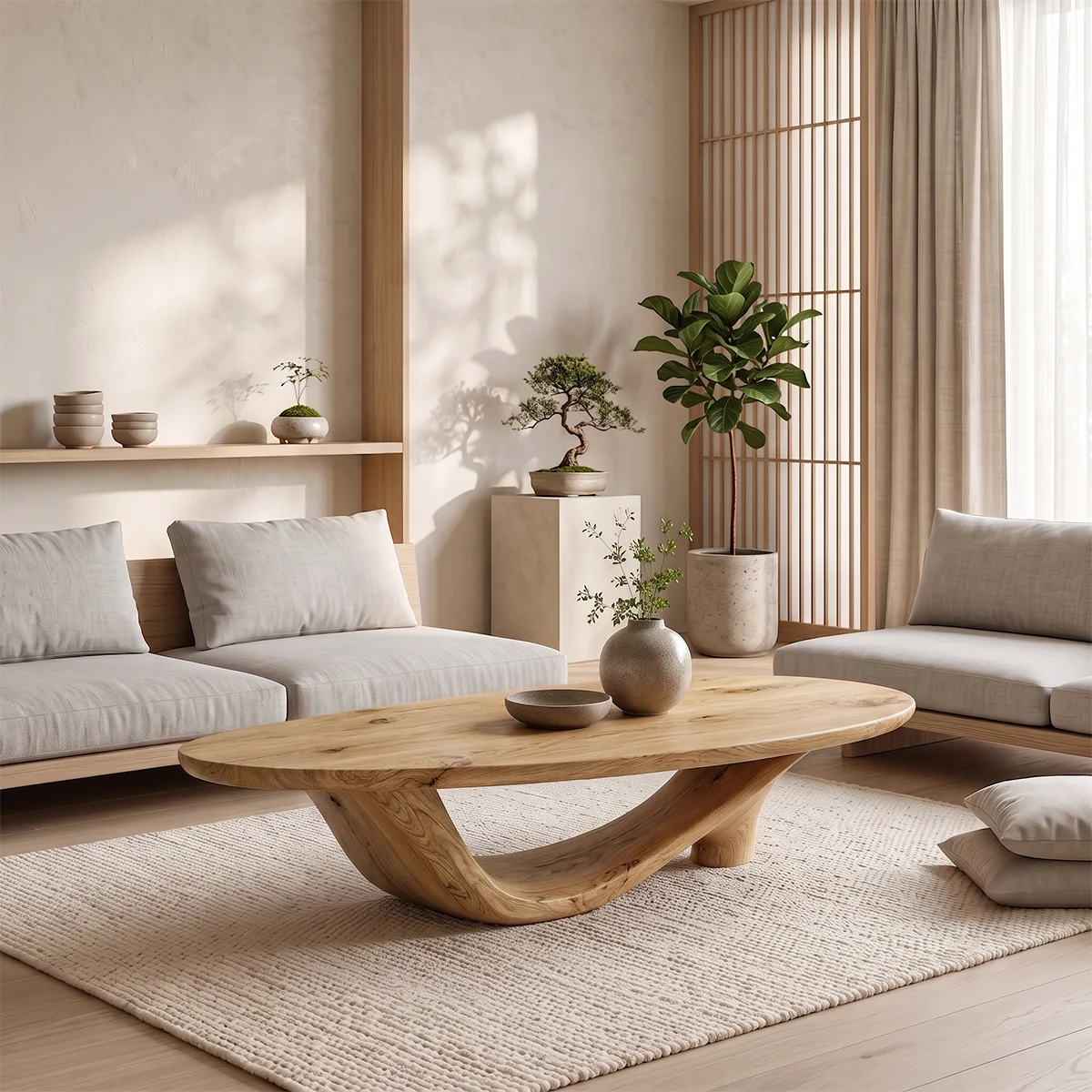 Organic Oval Coffee Table | Sculptural Solid Wood Low Profile Center Table TT006-4918