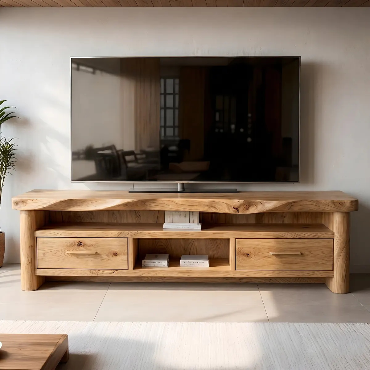 Modern Solid Wood TV Stand with Wavy Carved Top and Storage