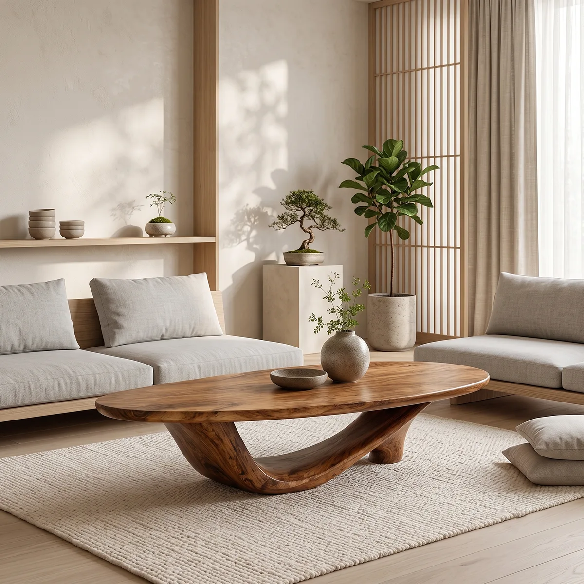 Organic Oval Coffee Table | Sculptural Solid Wood Low Profile Center Table TT006-4918