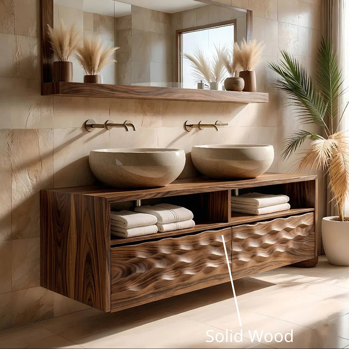 Solid Wood Bathroom Vanity with Sculpted Wave Drawers and Open Upper Shelves