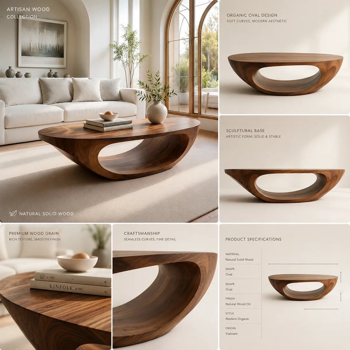 Minimalist Solid Wood Coffee Table – Organic Sculptural Design