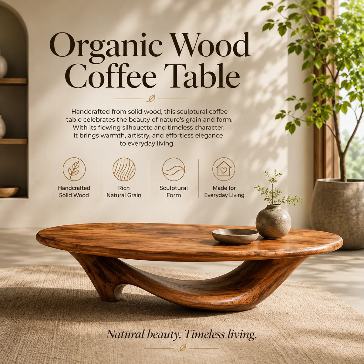 Organic Oval Coffee Table | Sculptural Solid Wood Low Profile Center Table TT006-4918