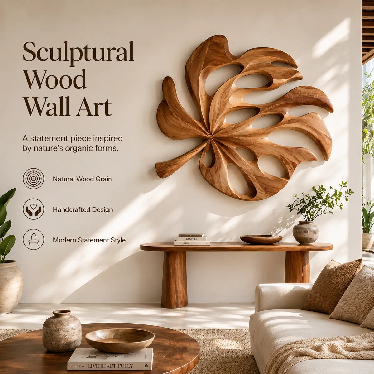 Carved Monstera Leaf Wood Wall Art | Tropical Botanical Wall Decor for Living Room, Entryway & Office TT006-3316