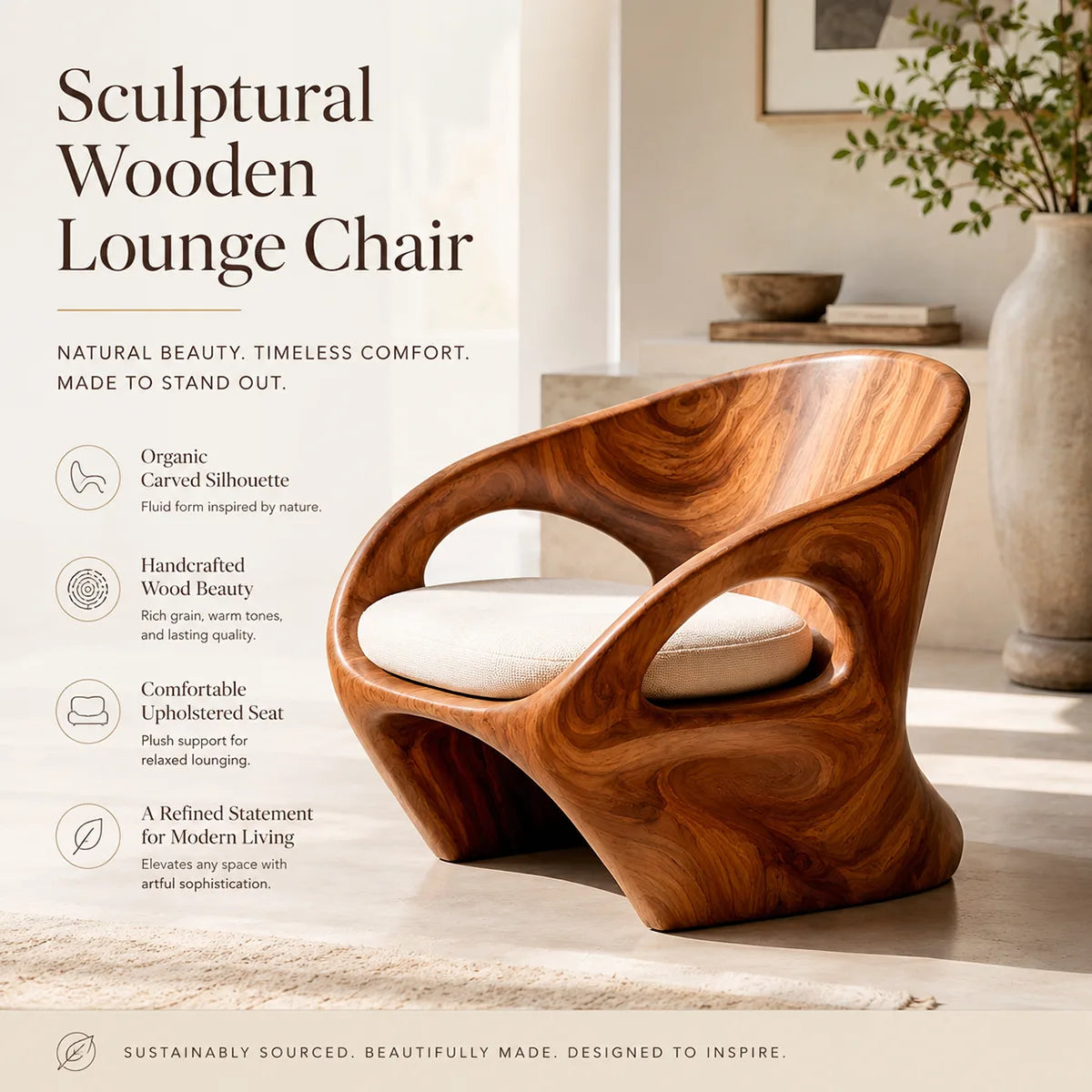 Organic Sculptural Solid Wood Lounge Chair | Handcrafted Modern Wooden Accent Chair TT006-9201