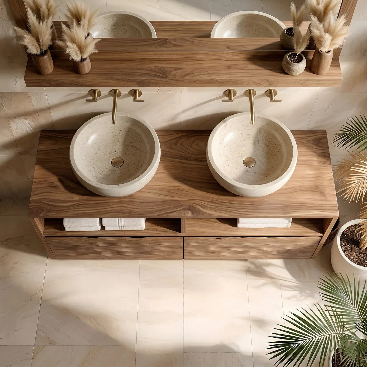 Solid Wood Bathroom Vanity with Sculpted Wave Drawers and Open Upper Shelves