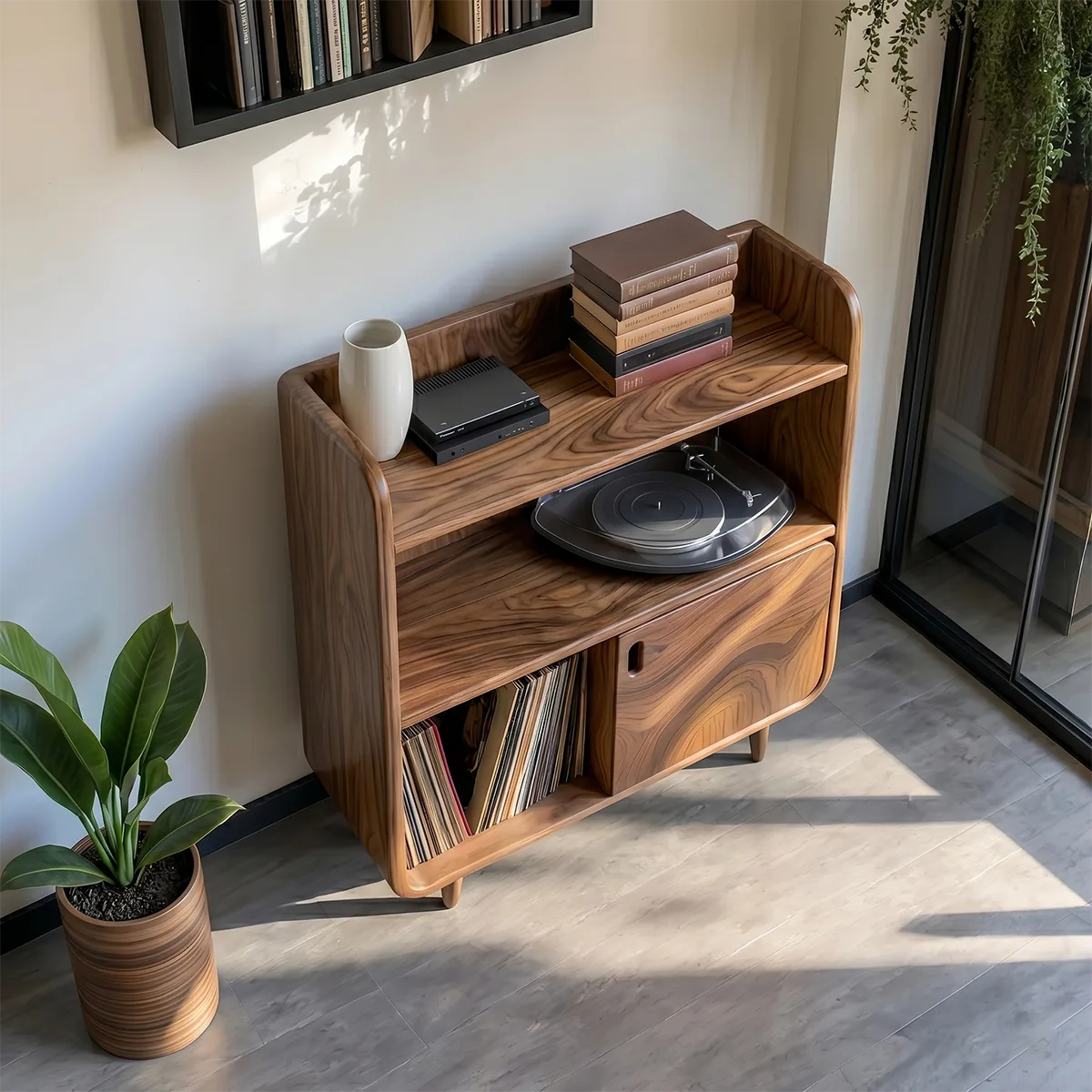 Mid-Century Sculptural Solid Wood Record Player Stand for Living Room