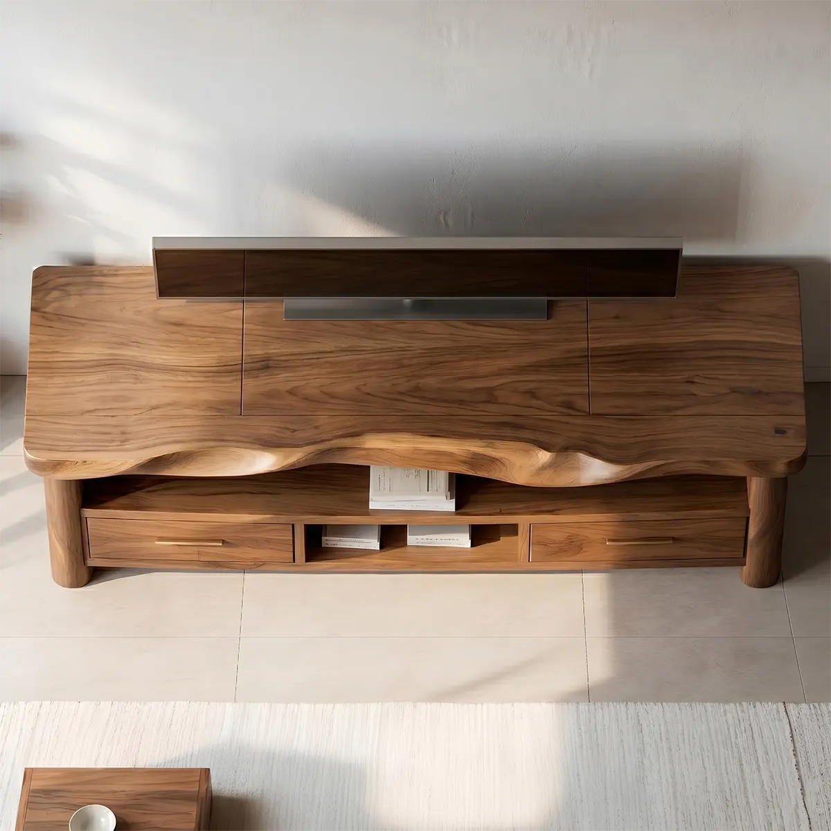 Modern Solid Wood TV Stand with Wavy Carved Top and Storage