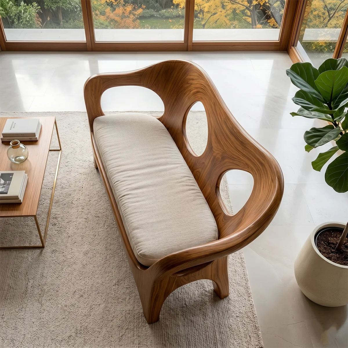 Luxury Organic Wooden Sofa with Sculptural Open-Frame Curves