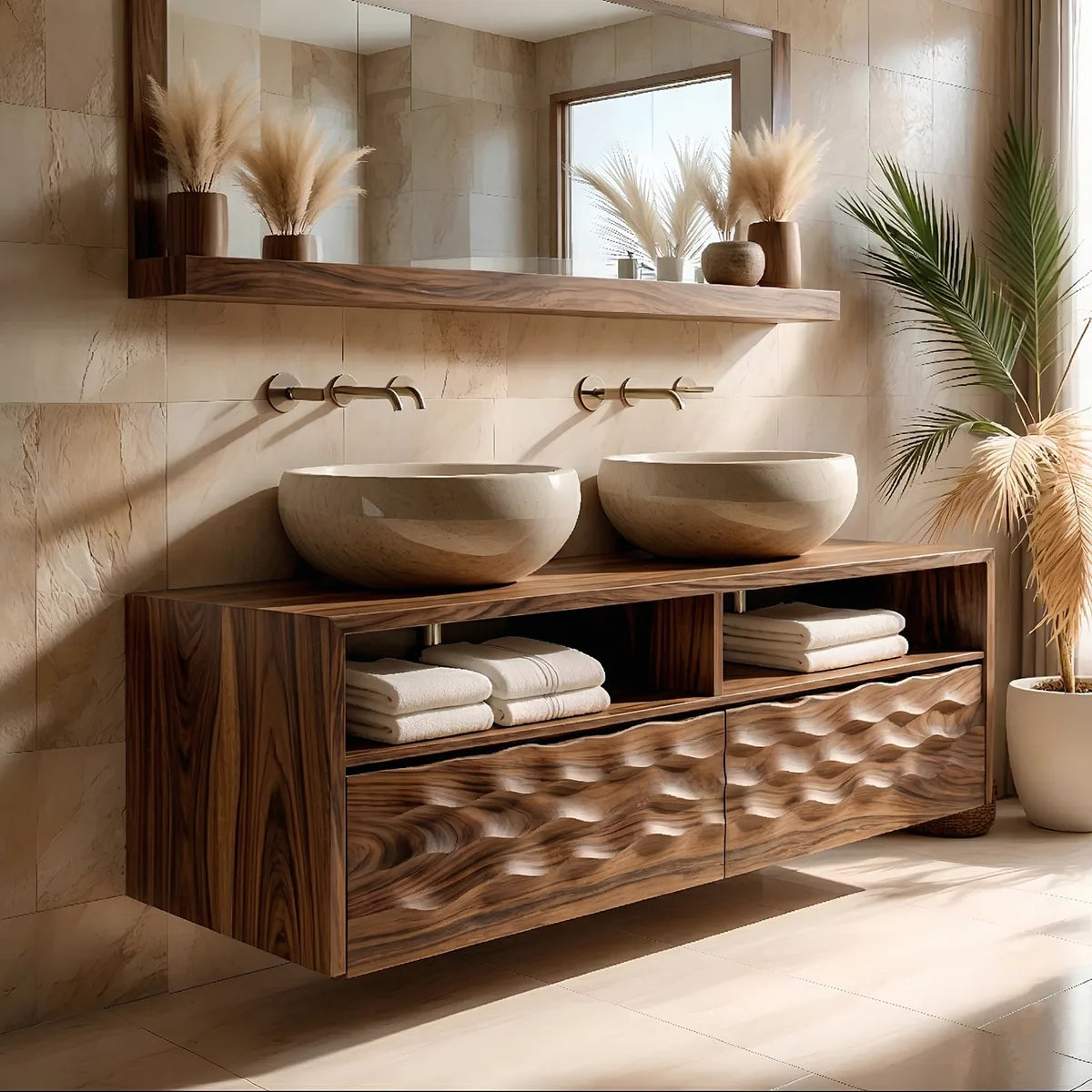 Solid Wood Bathroom Vanity with Sculpted Wave Drawers and Open Upper Shelves