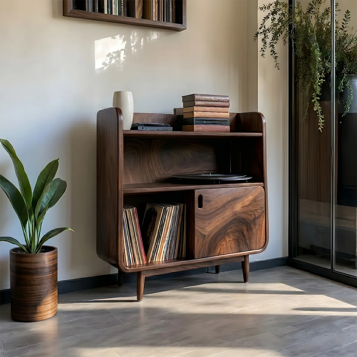 Mid-Century Sculptural Solid Wood Record Player Stand for Living Room