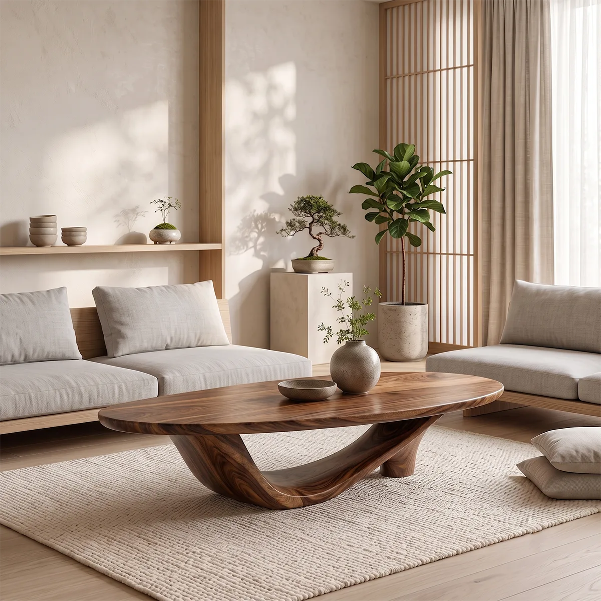 Organic Oval Coffee Table | Sculptural Solid Wood Low Profile Center Table TT006-4918