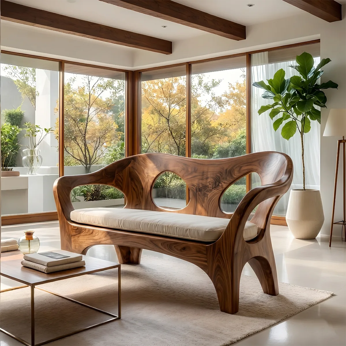 Luxury Organic Wooden Sofa with Sculptural Open-Frame Curves