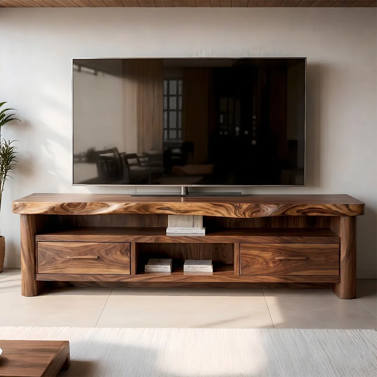 Modern Solid Wood TV Stand with Wavy Carved Top and Storage