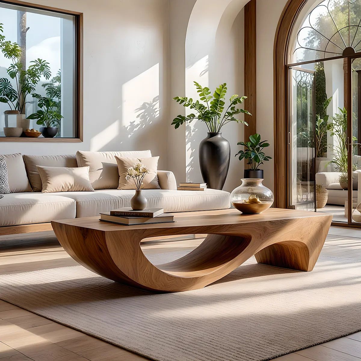 Modern Abstract Sculptural Solid Wood Coffee Table with Fluid Base