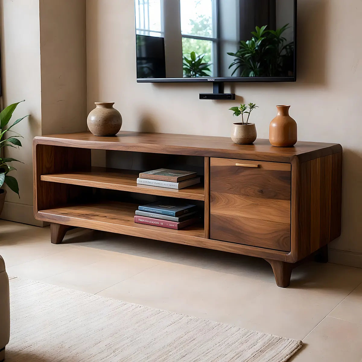 Modern Solid Wood Rounded TV Stand with Cabinet and Open Shelves