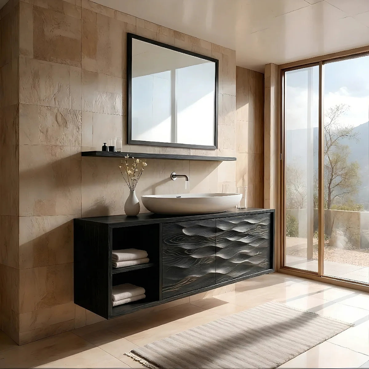Floating Solid Wood Bathroom Vanity with Carved Wave Doors and Open Side Shelves