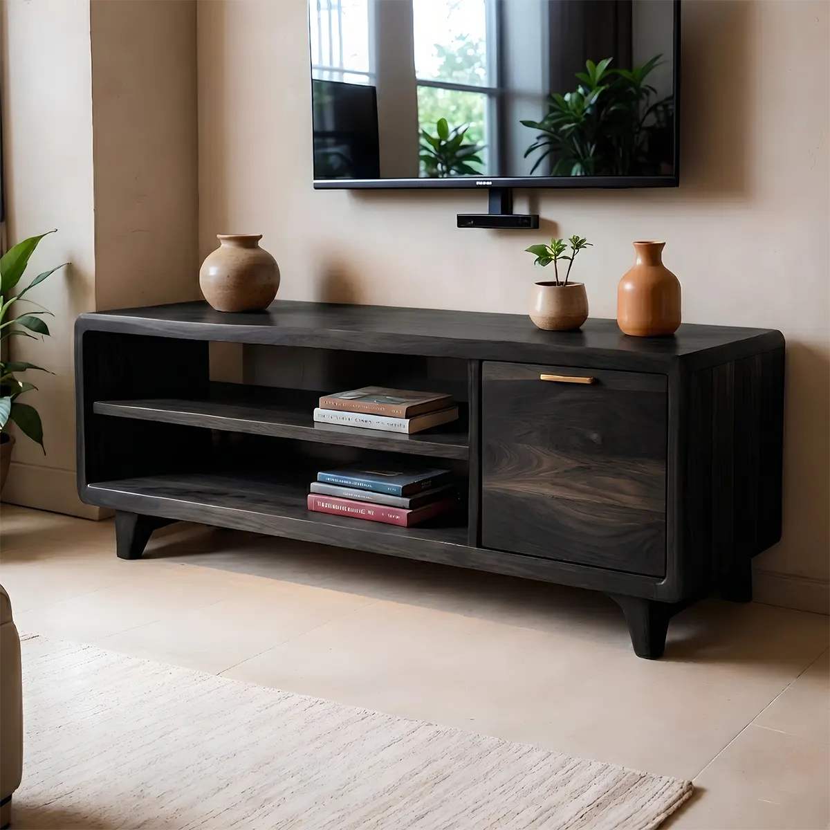 Modern Solid Wood Rounded TV Stand with Cabinet and Open Shelves