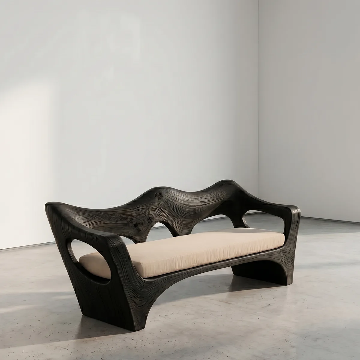 Organic Wave Sculptural Wooden Sofa with Handcrafted Artisan Frame