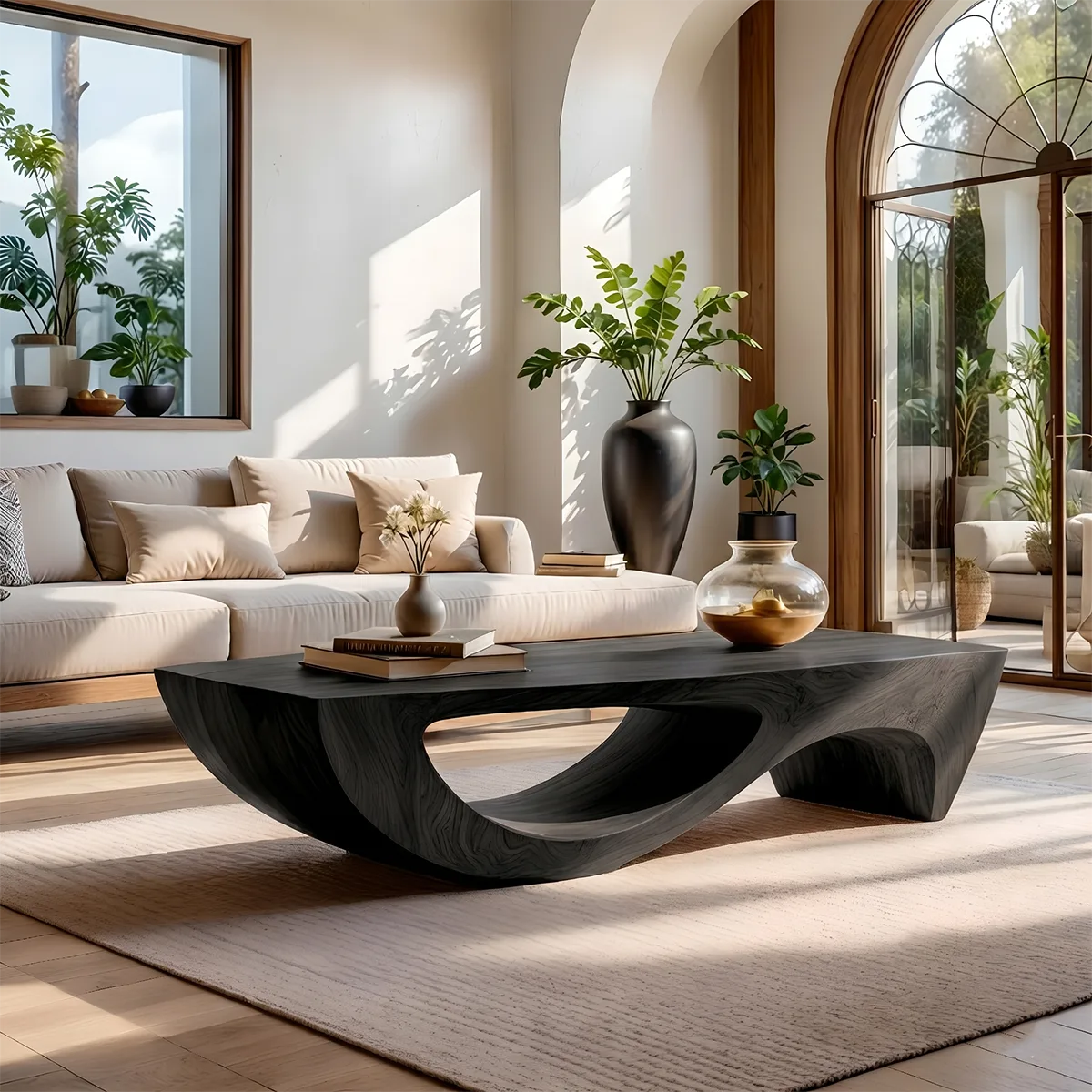 Modern Abstract Sculptural Solid Wood Coffee Table with Fluid Base