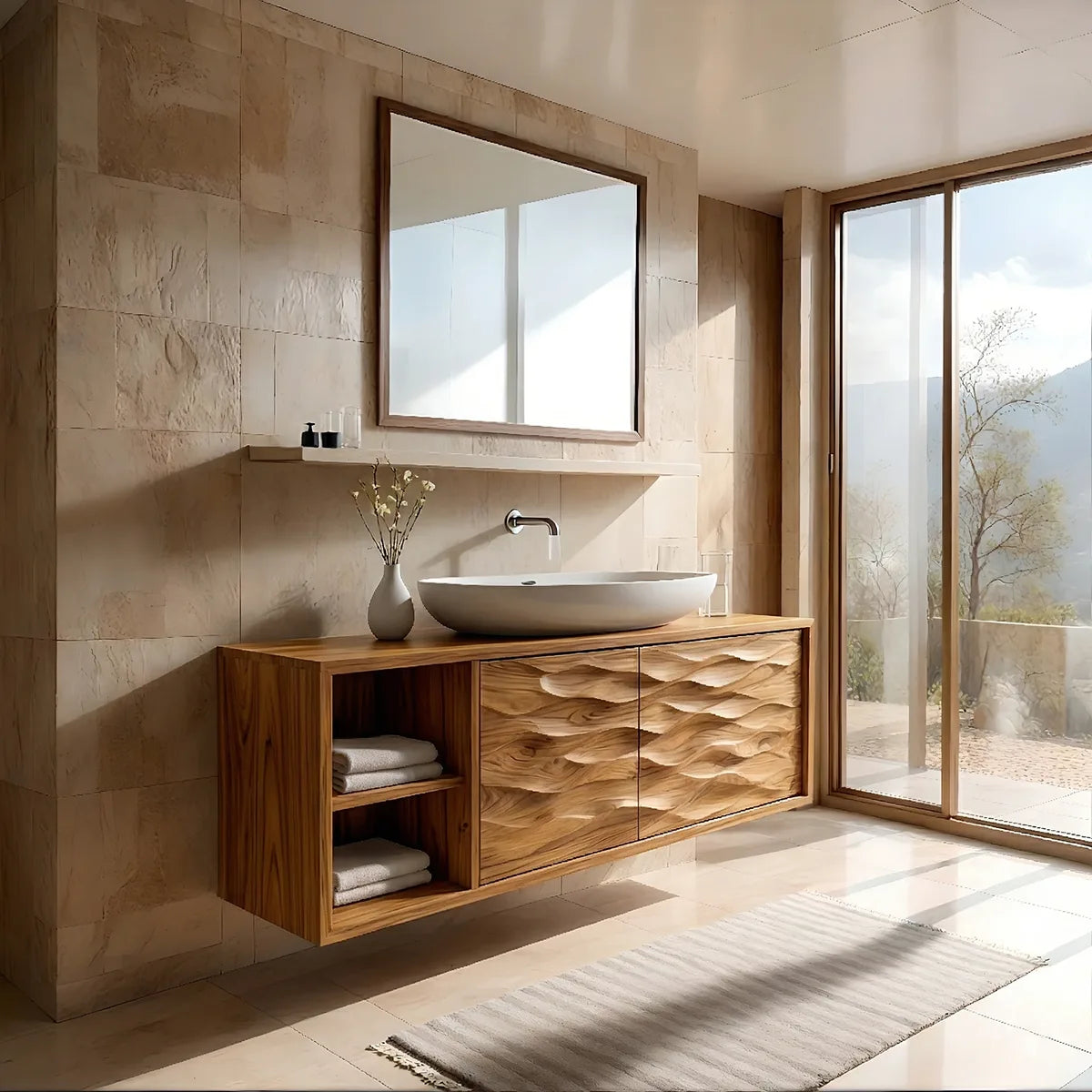 Floating Solid Wood Bathroom Vanity with Carved Wave Doors and Open Side Shelves