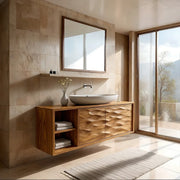 Floating Solid Wood Bathroom Vanity with Carved Wave Doors and Open Side Shelves